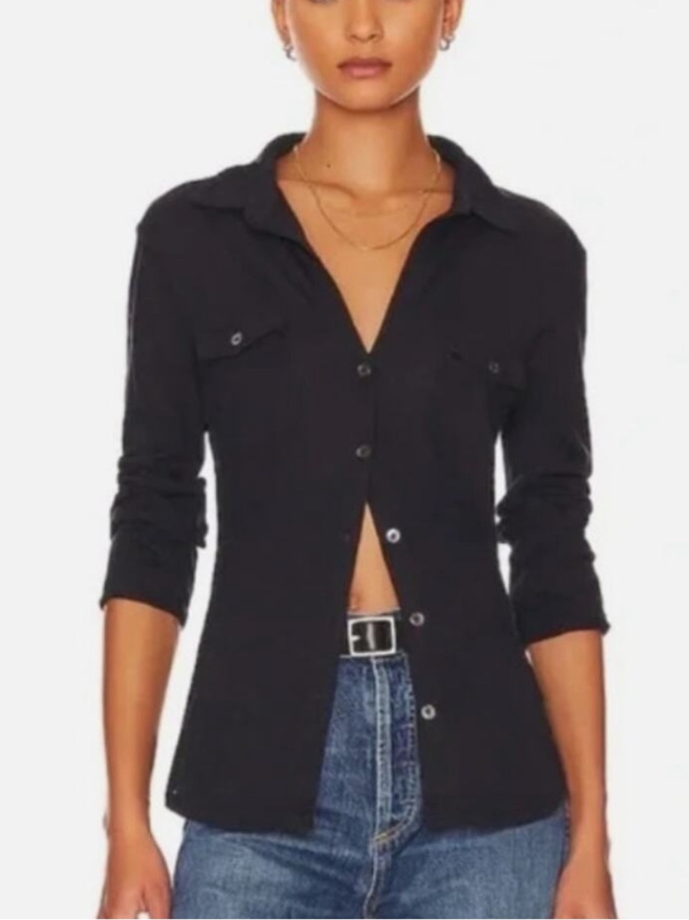 Standard James Perse Black Ribbed Contrast Button Down Shirt Size 3 / Large